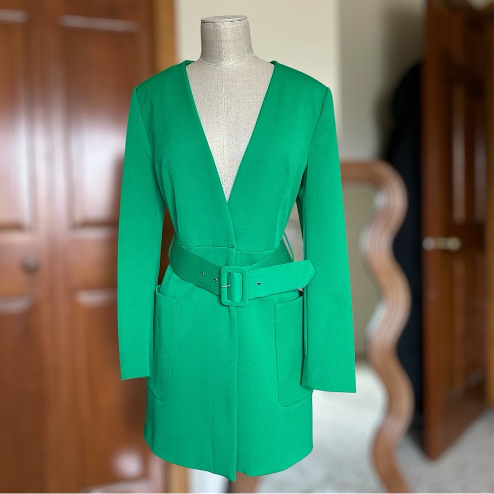 Zara Green Women’s Lined Frock Blazer Coat w/Chunky Belt LIKE NEW